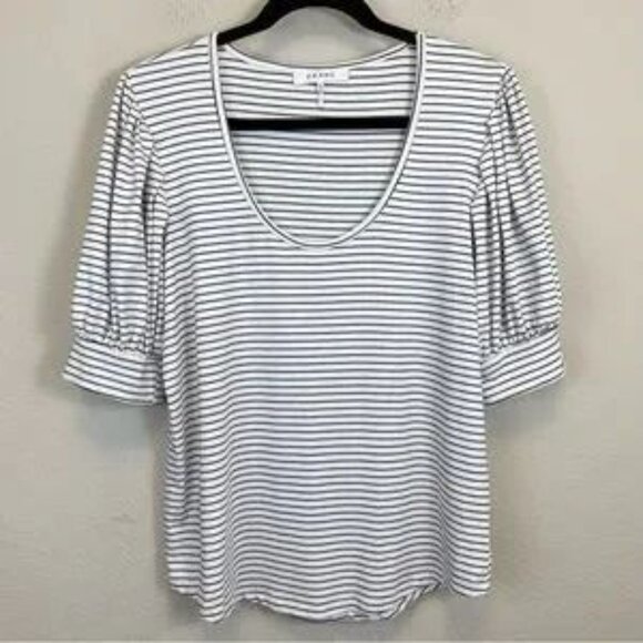 FRAME Puff Sleeve Navy & White Striped Scoop Neck Jersey Top Size XL - Picture 2 of 8
